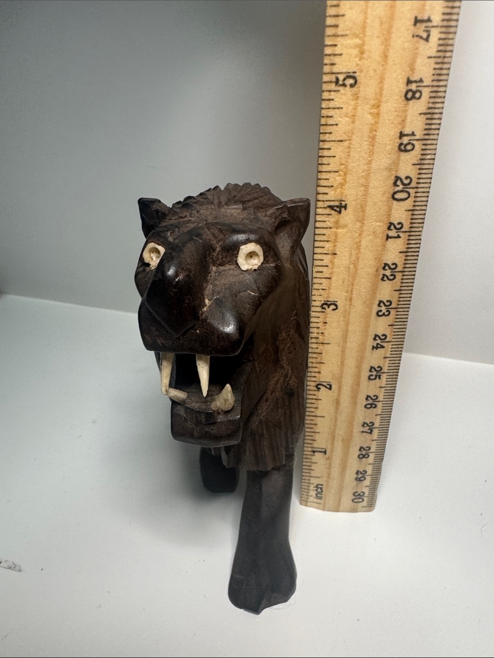 Vintage MCM Hand-Carved Dark Brown Wooden Lion Figurine spectacular